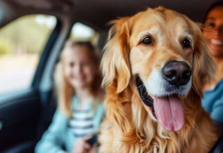 Dog sitting comfortably in a car seat during a ride