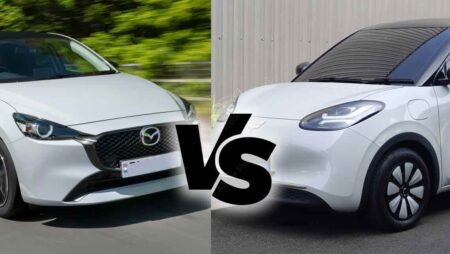 Mazda 2 and Wuling Binguo EV side-by-side comparison image highlighting their design, features, and performance by AutoIni.