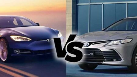 Side-by-side comparison of the Tesla Model S and Toyota Camry Hybrid