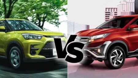 Comparison of Toyota Raize and Toyota Rush highlighting performance, interior features, off-road capability, dimensions, and pricing