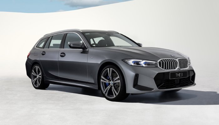 BMW 330i SUV displayed with grey color, allow wheels and dashing look. 