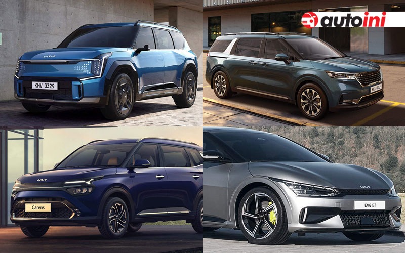 Temukan Empat Model Baru Kia di Pameran GIIAS 2024 A collage of four new Kia car models: the blue EV9, the gray Carnival, the blue Carens, and the gray EV6 GT, presented by Autoini.