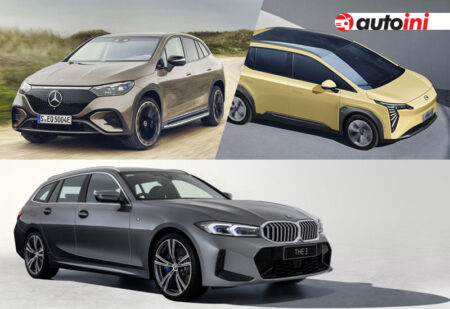 Three newly launched vehicles: a Mercedes-Benz EQE SUV, a BYD D1 electric minivan, and a BMW 3 Series Touring, showcased by Autoini.