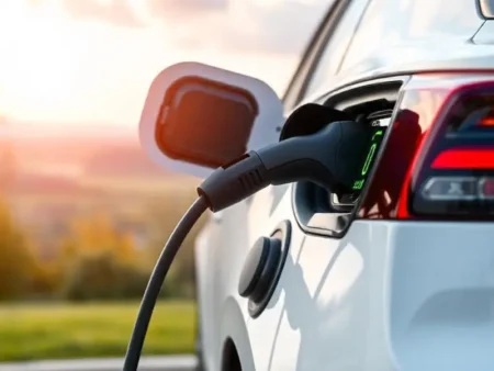 A white electric car charging at a charging station