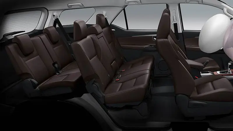 The interior of a Toyota Fortuner, showcasing its spacious and comfortable three-row seating configuration. - autoini