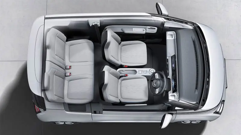 A top-down view of the interior of a Wuling Air EV electric car.