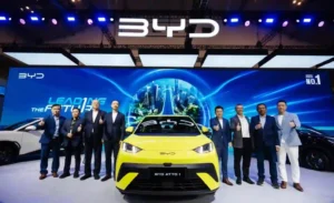 BYD GIIAS 2025 booth front view with latest electric cars